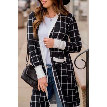 Black Plaid Colorblock Edge Open Cardigan with Pocket