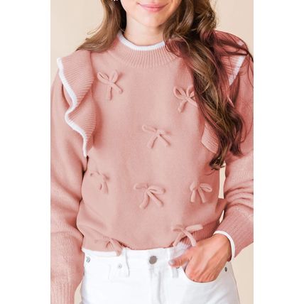 Light Pink Ruffled Bowknot Ribbed Trim Long Sleeve Sweater