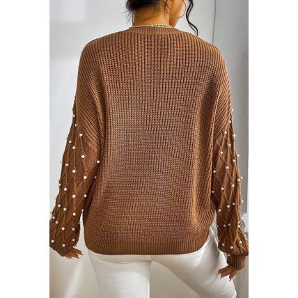 Chestnut Beaded Drop Shoulder Round Neck Sweater