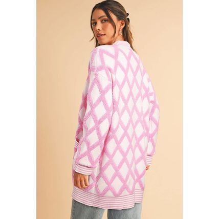 Pink Rhombus Pattern Knit Open Front Pocketed Cardigans