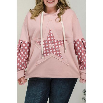 Delicacy Star Patch Graphic Floral Color Block Drawstring Plus Size Hoodie