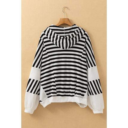 Black white Oversized Striped Henley Buttons Dolman Sleeve Hooded Top