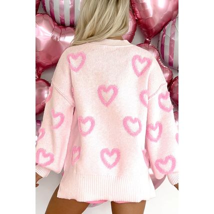 Pink Heart Shape Bubble Sleeve Baggy Sweater
