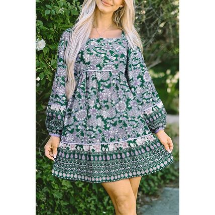 Green Floral Print Piping Trim Bubble Sleeve Square Neck Dress