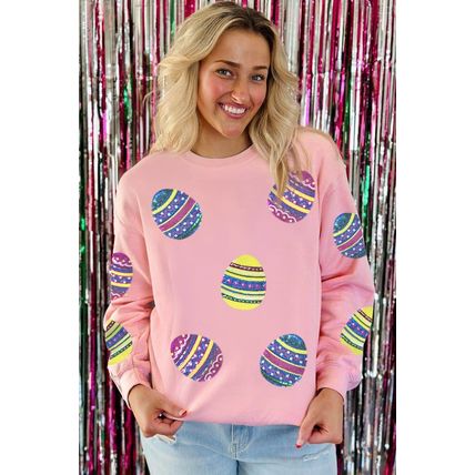 Pink Sequined Bunny Egg Easter Day Pullover Sweatshirt