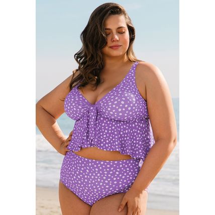 Purple Plus Size Polka Dot Print Ruffled Knotted V Neck Tankini Set