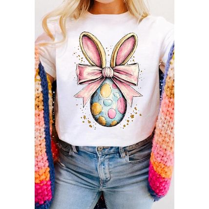 White Easter Egg Bow Bunny Ear Printed T Shirt