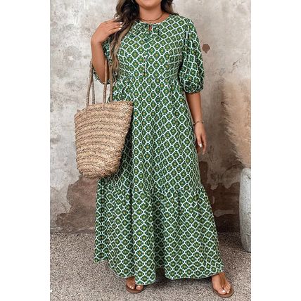 Green Geometric Floral Print Half Sleeve Plus Size Maxi Dress