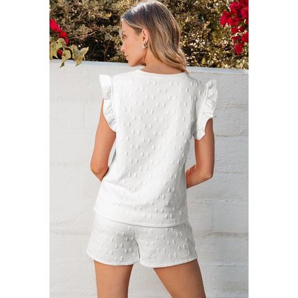 White Bow Jacquard Ruffle Sleeve Short 2pcs Outfit