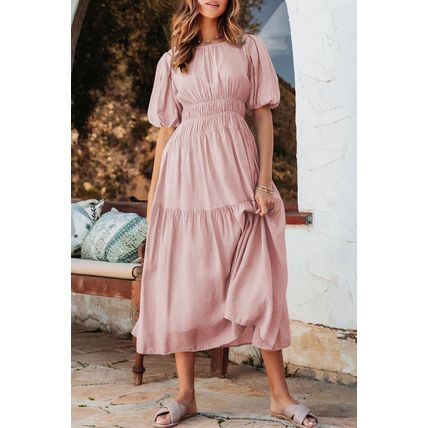 Pink Puff Sleeve Pleated High Waist Flowy Midi Dress