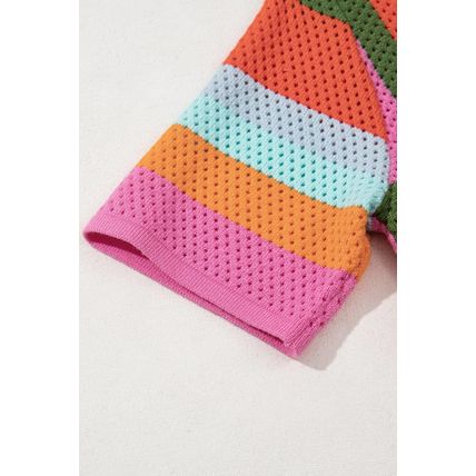 Orange Color Block Eyelet Casual Sweater T Shirt