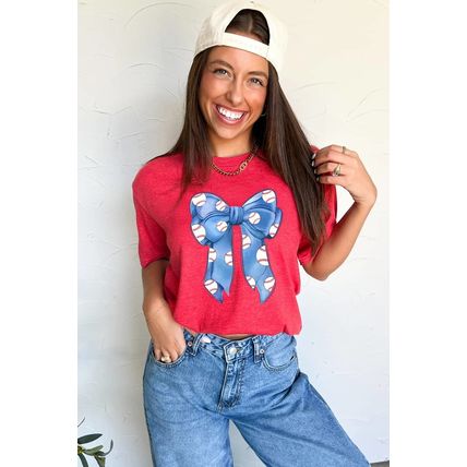 Red Rugby Bowknot Graphic Crew Neck Tee