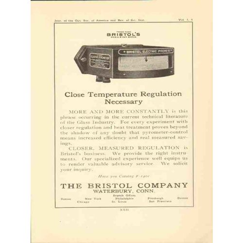 bristol company 1923 close temperature regulation optical vintage ad