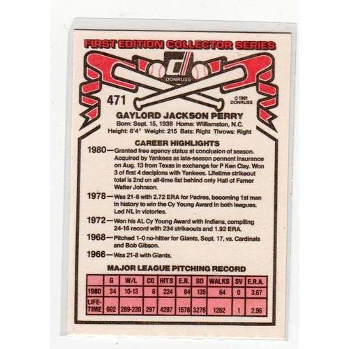 1981 Donruss Gaylord Perry baseball card #471 -NM- Yankees