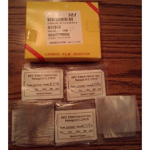 Lot of 1000: SEI Carbon Film Resistors : 1/4W 470K Ohm