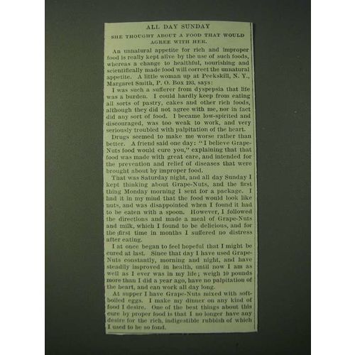 1900 Post Grape-Nuts Cereal Ad - All day Sunday she thought about a food
