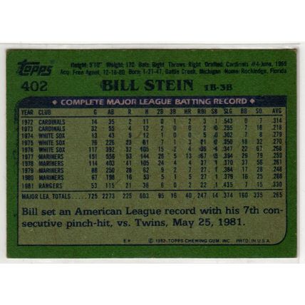 1982 Topps baseball card 402 Bill Stein- Rangers
