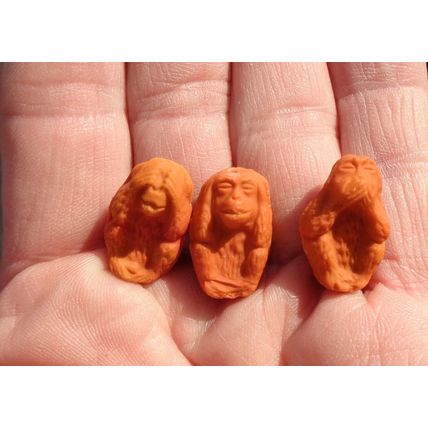 3 Vintage Glass Monkey Beads See No Evil Hear 20mm x 12mm Orange Opaque bd108