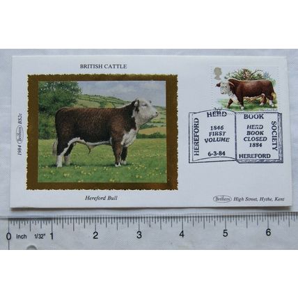 1984 first day cover silk Hereford Bull, Hereford Herd Book Society