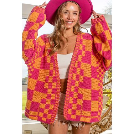 Multicolor Open Front Mixed Checkered Pattern Knit Cardigan