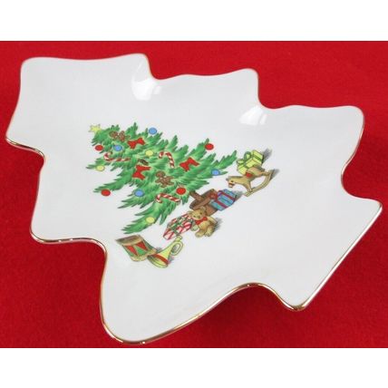 NEW Shibata Porcelain Christmas Tree Candy Nut Dish, Gold Trim, 8-3/8" x 7-3/8"