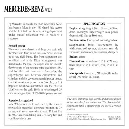 Collectors Club card. Classic Cars. Mercedes-Benz W125