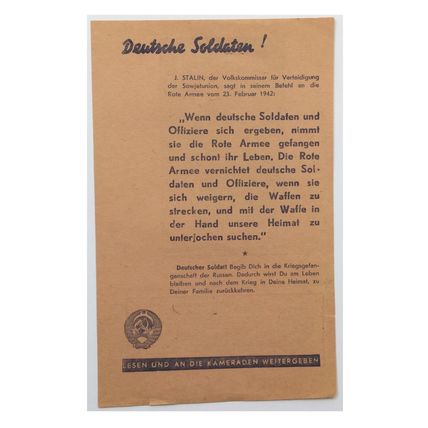 Original WW2 Russian/Soviet Air Drop Propaganda Leaflet. - Code 1025. - 1942.