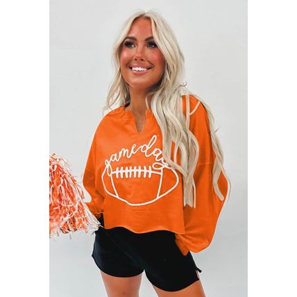 Orange Game Day Lettering Rugby Notched Neck Sweatshirt