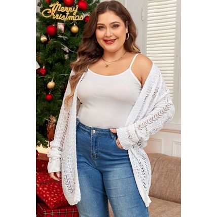 White Plus Size Eyelet Knit Open Front Cardigan