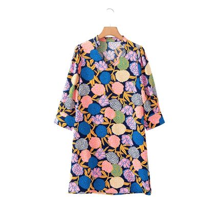 Navy Blue Hydrangea Floral Print Bishop Sleeve V Neck Shift Dress