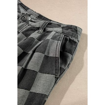 Dark Grey Checkered Denim Wide Leg Jeans