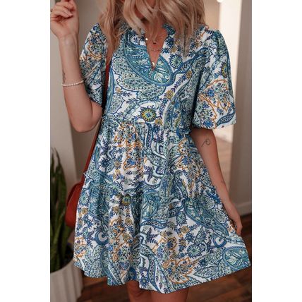 Blue Bohemian Paisley Floral V Neck Short Sleeve Mini Dress