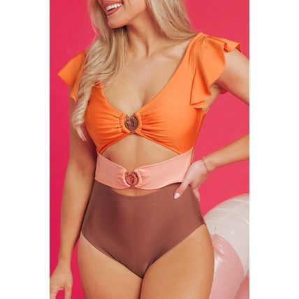 Orange Ruffle Sleeve Tricolor Cutout Front Ring One Piece Swimsuit