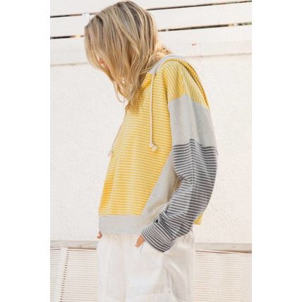 Yellow Stripe Color Block Drawstring V Neck Loose Fit Hooded Top