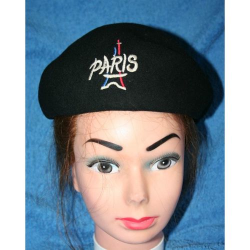 Vintage 1970 Black Beret Hat Paris Logo