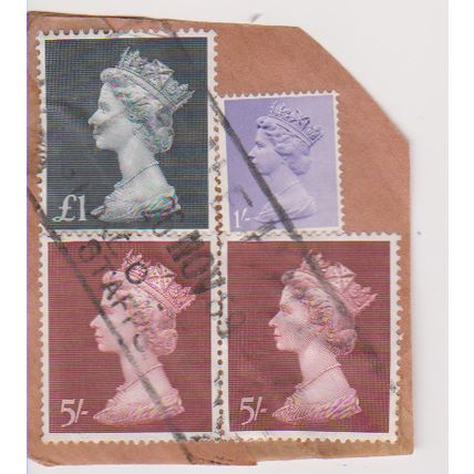 GB 1969 £1 & 2x 5 Shillings plus 1967 1S mauve on paper