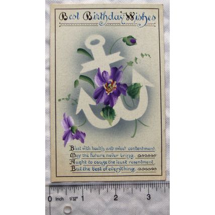 vintage postcard Best Birthday Wishes - Anchor & Flowers