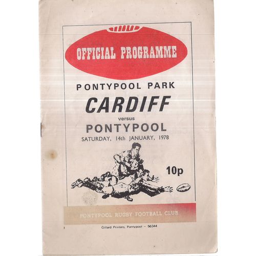 CARDIFF v. PONTYPOOL 14th January, 1978 Rugby Union Official programme =