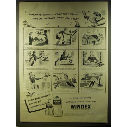 1946 Windex Cleaner Ad - Bluebirds whistle while they preen come do likewise