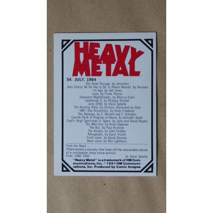 Heavy Metal Base trading Card # 54 (A) 1991 Cover Magazine David Dorman