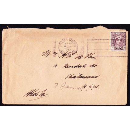 1943 Queen Elizabeth & Kurrajong Flowers 1d Purple Brown postal cover 8 Jan 1945