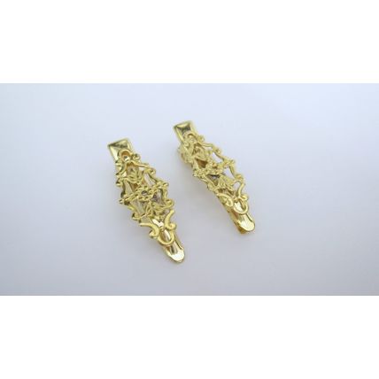 2 small tiny shiny gold metal filigree alligator clip barrette for fine thin
