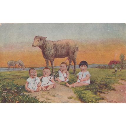 ZAYIX US Postcard Humorous Artist Signed Babys Drinking Lamb Milk 0324M0317