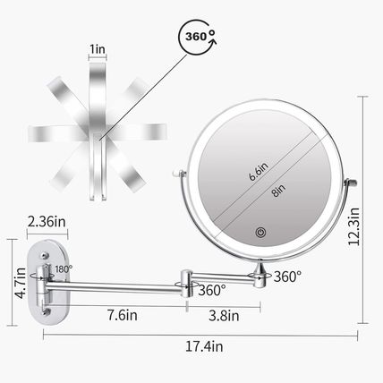 Rechargeable Wall Mounted Lighted Makeup Vanity Mirror 8 Inch Double Sided 1X 10
