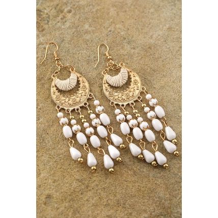 White Boho Beaded Tassel Alloy Charm Earrings