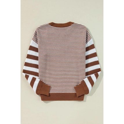 Brown Stripe Geometric Textured Drop Shoulder Sweater