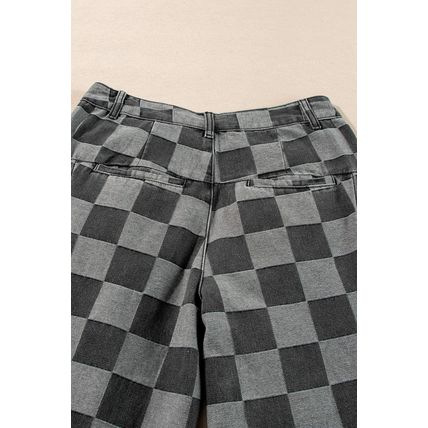 Dark Grey Checkered Denim Wide Leg Jeans