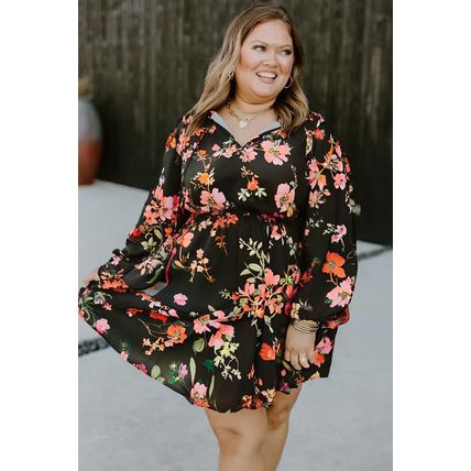 Black Plus Size Floral Print Tie Neck Cinched Waist Long Sleeve Mini Dress