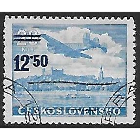 Mi 591: 12 (Kč) 50 on 20 Kč pale blue Surcharged Airmail Definitive Stamp.