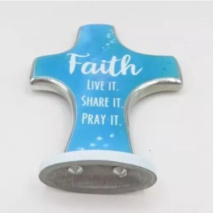 Faith Live It Share It Pray It Cross Metal Freestanding Blue & White 8 CM Christ